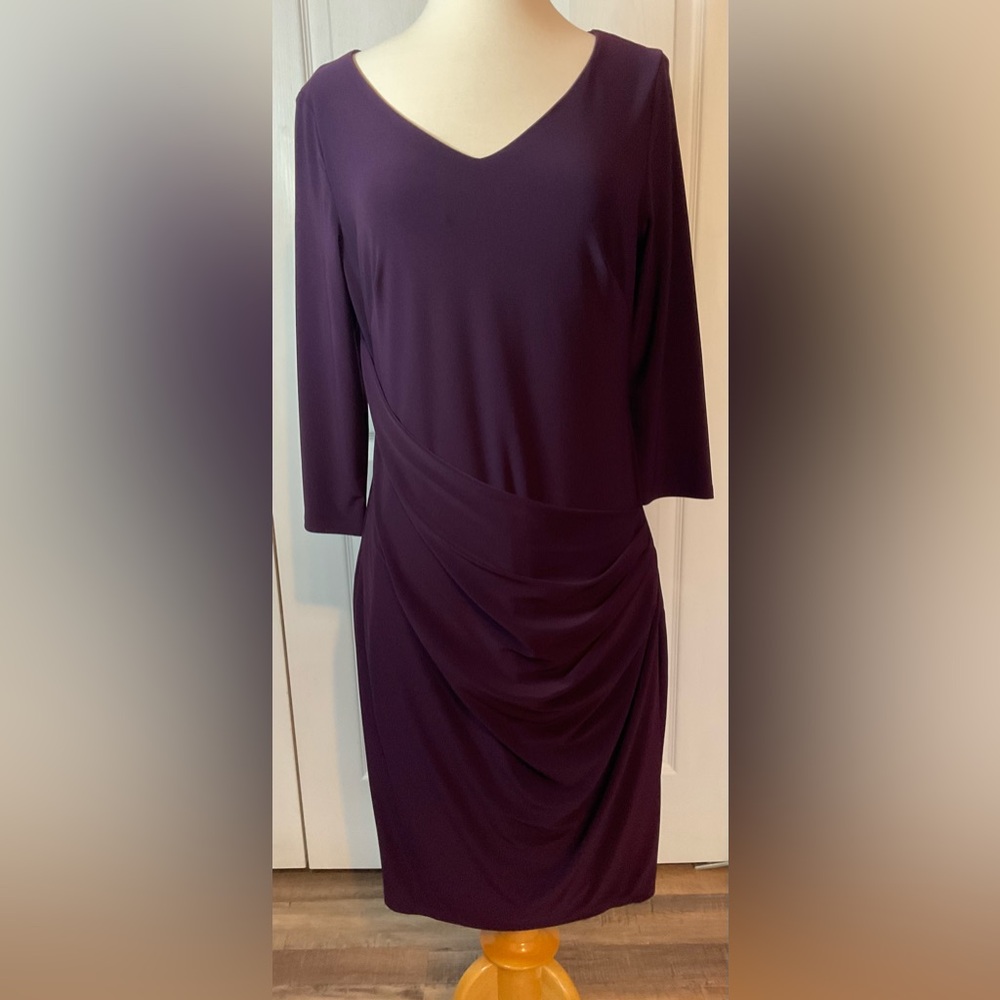 Lauren Ralph Lauren Purple V Neck Midi Dress 3/4 Sleeve Size 10